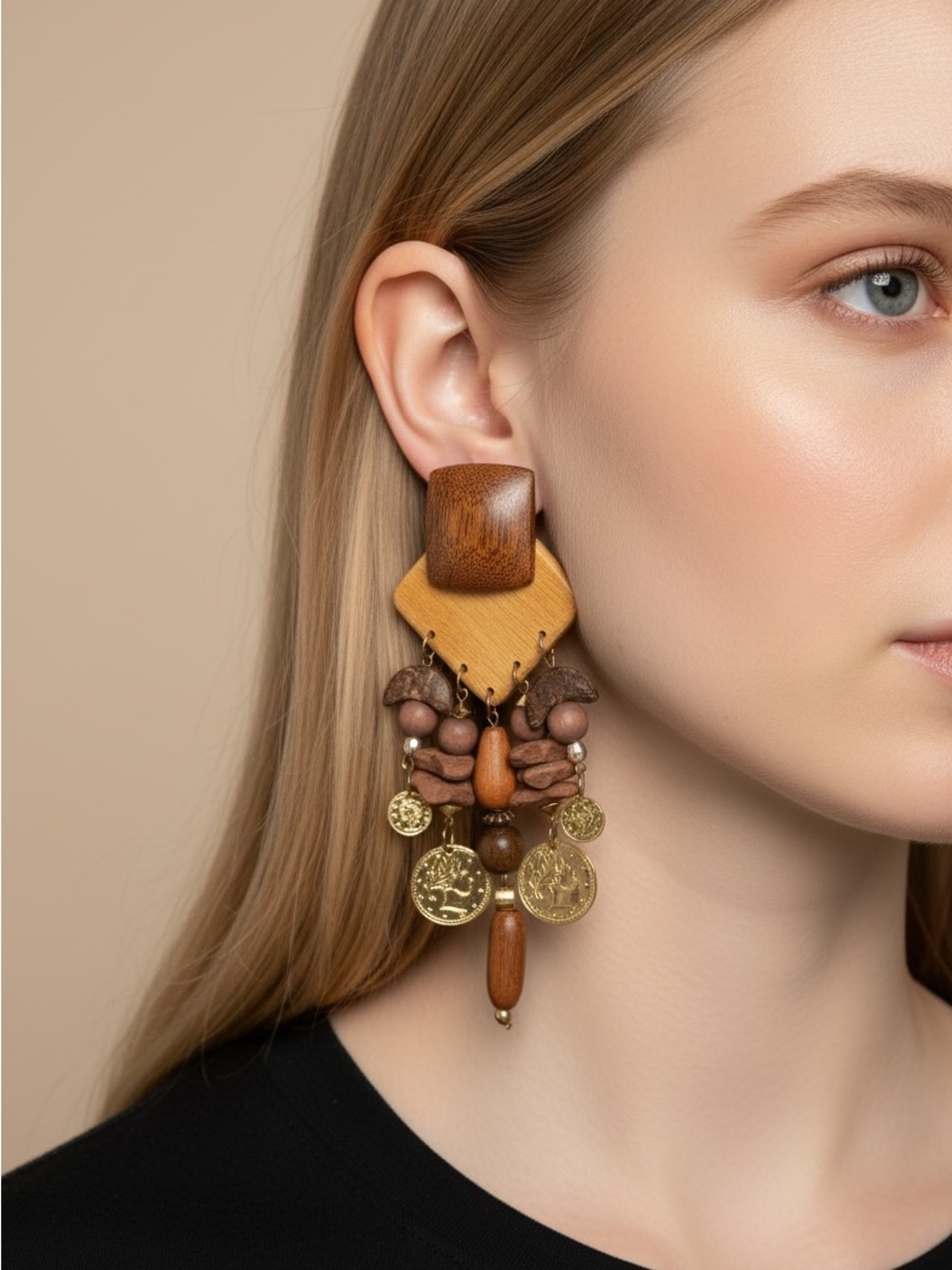 10/11 Handcrafted Wooden Coin Drop Earrings in Brown and Tan